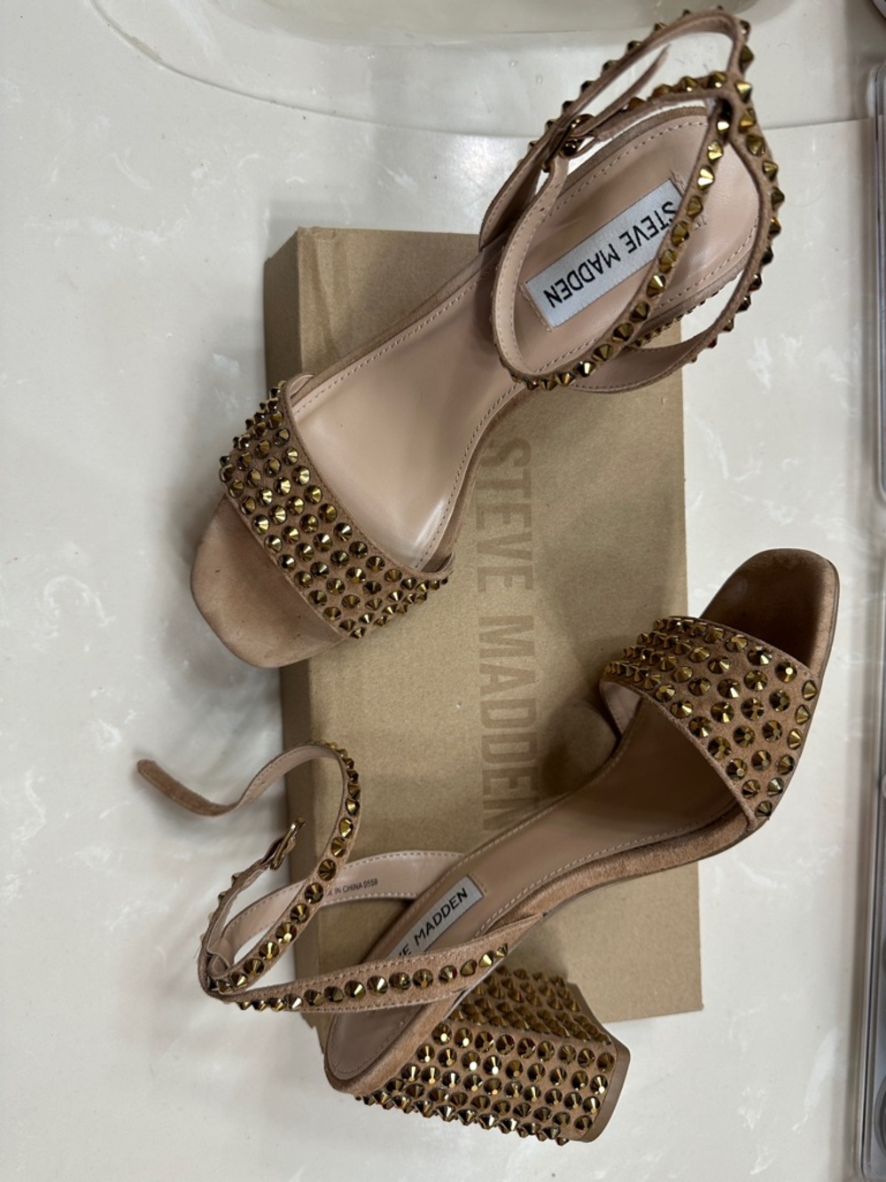 Steve Madden Nude/Beige Studded Block Heel Sandals